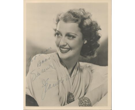 American Singer and Actress Jeanette Macdonald Signed 10 x 8 inch Vintage Black and White Photo. Signed in blue ink. Dedicate