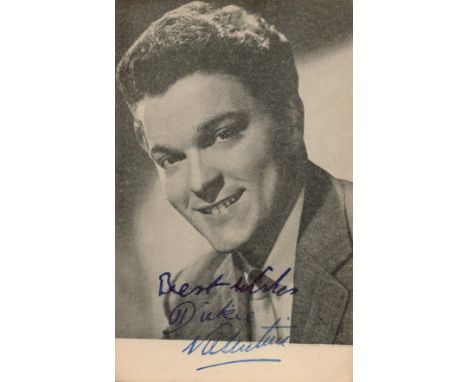 Dickie Valentine Signed 5. 5 x 3. 5 inch Vintage Black and White Photo. Signed in blue ink. Included is a Wikipedia Bio Print