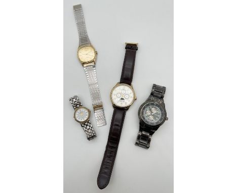 4 wristwatches in various styles and conditions. A chronograph style by Massimo Dutti, a ladies stainless steel strap watch b