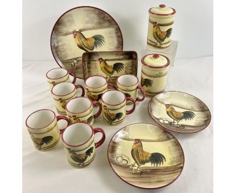 A collection of matching modern ceramic kitchen ware with Cockerel decoration. Comprising: 8 mugs, serving dish, 2 plates, 2 