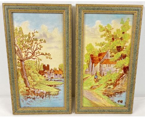A pair of large, antique hand painted ceramic tiles depicting rural scenes, signatures partially visible, obscured by frames.