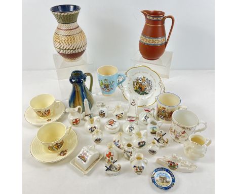 A box of assorted antique and vintage ceramics, to include crested ware and commemorative items. Lot includes Shelley, Clifto