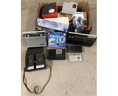 A box of radios, speakers and other gadgets. To include a Galileo thermometer, cased Realistic speakers, Tronic pocket radio 