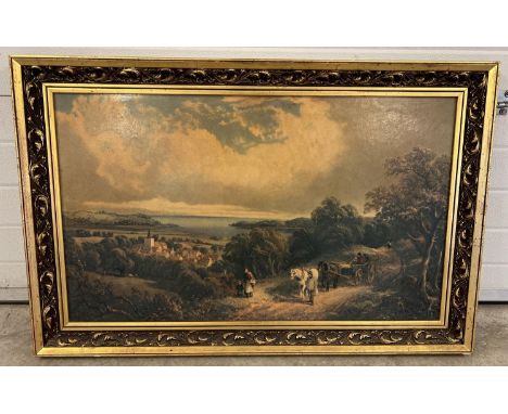A large gilt framed print of a rural scene. Frame size approx. 76cm x 115cm. 
