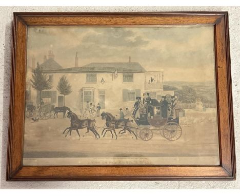A framed and glazed vintage coaching print "A View On The Highgate Road" published by J. Moore, St. Martins Lane, London. Fra