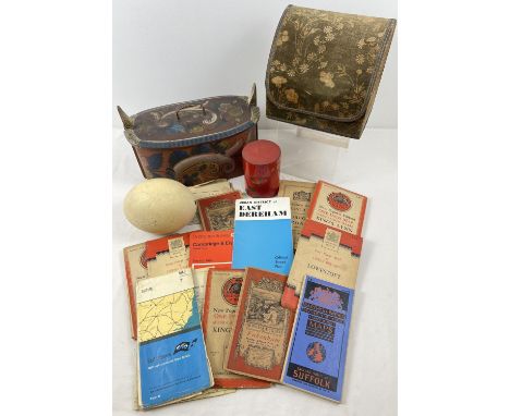 A collection of assorted vintage items. To include a velvet covered stationary box, an Ostrich egg, a painted decorative wood