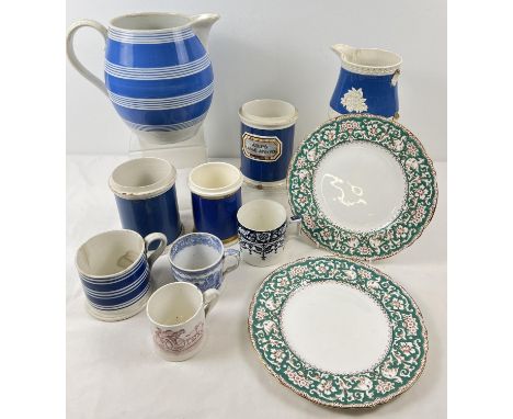 A box of mostly blue and white antique and vintage ceramics in various styles and conditions. To include Falcona Ware mug and