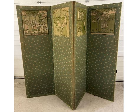 An Art Nouveau 4 sectional Nursery room divider with original green coloured fabric of foliate design and panels depicting sc