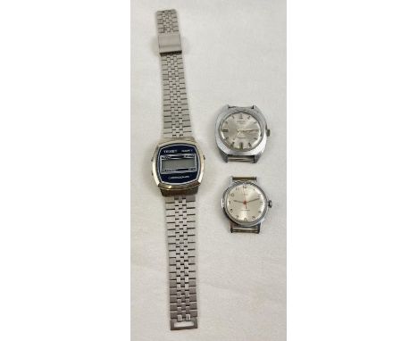 3 men's vintage wristwatches, one with original strap. A Texet Quartz Chronograph digital watch, a Presta Pegasus 17 Jewels w
