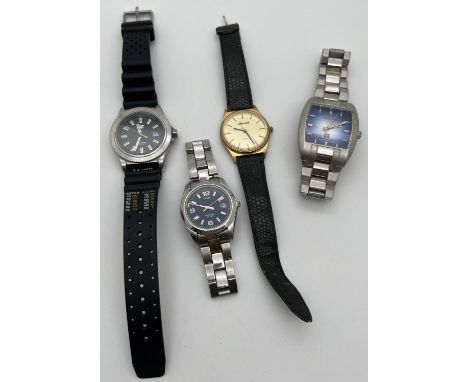 4 men's wristwatches. A silicone strap watch by CAT, a brown leather strap quartz watch by Ingersoll, a stainless steel strap