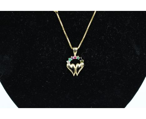 A modern 9ct gold and multi-gem 'Dearest' pendant and chain. The pendant in the form of two open hearts below a gem set arch 