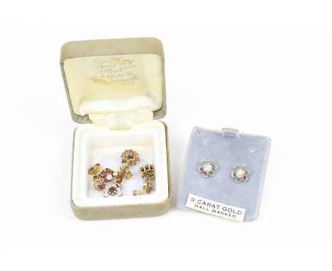 Four pairs of vintage 9ct gold and gem/cubic zirconia set earrings. Comprising: a pair of 9ct white gold and cubic zirconia s