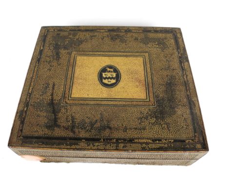 A rare early 19th century Chinese export Armorial lacquered box and contents. The box containing Regency mother-of-pearl gami