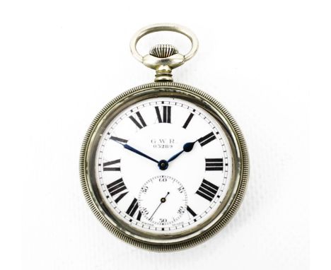 G.W.R. 03289, a Swiss nickel cased open face keyless pocket watch, no 3712942. The white enamel dial inscribed 'G.W.R. 03289'