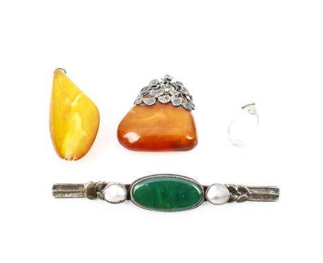 Four vintage gem set jewels. Comprising: an Arts and Crafts style oval chrysoprase and blister-pearl three stone brooch, cent