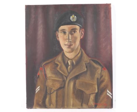 J Morgan (mid-20th century), a portrait of a young soldier in uniform, oil on canvas. Signed and dated J Morgan 1954 lower ri