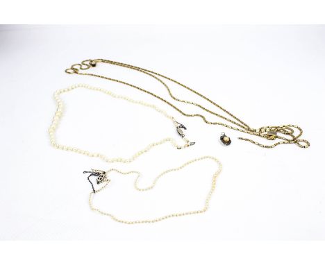A small collection of necklaces. Comprising: an early 20th century small graduated pearl necklace, the circa 147 small beads 