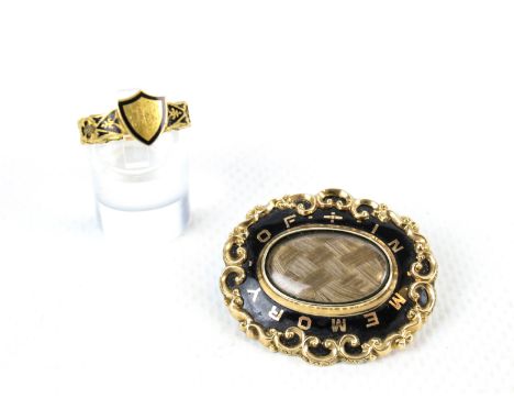 Two late Victorian gold and black enamelled mourning jewels in memory of Thomas Gibbs. Died 2nd December 1883 aged 8 years. C