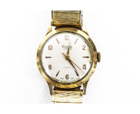 Rone, a gentleman's 9ct gold cased round wristwatch, circa, 1961. The cream dial with raised gilt arrow-head and Arabic numer