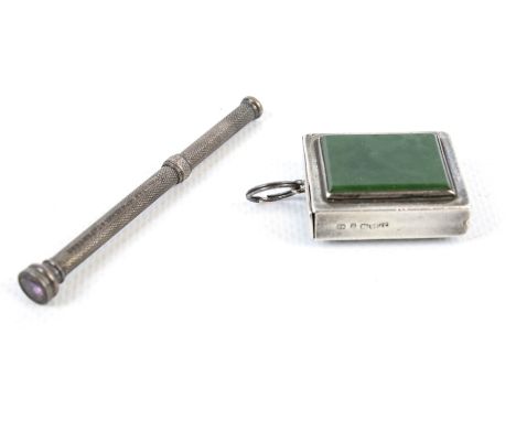 A Victorian silver and nephrite jade mounted vesta/match case and a propelling pencil. The rectangular vesta with two nephrit