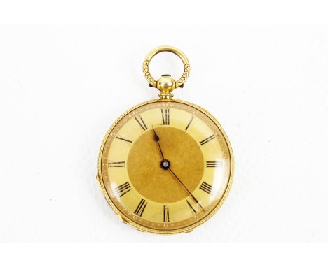 A Victorian gold open face small pocket watch. The dial with a matt centre and engine turned chapter with black painted Roman