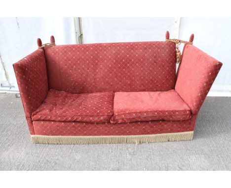 A contemporary Knowle drop end sofa. Upholstered in red and gold fabric, H110cm x W190cm x D92cm Condition Report: One finial