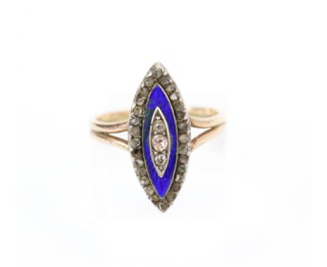 A 19th century gold, blue enamel and diamond small marquise-shaped ring. With a central small graduated old-cut diamond three