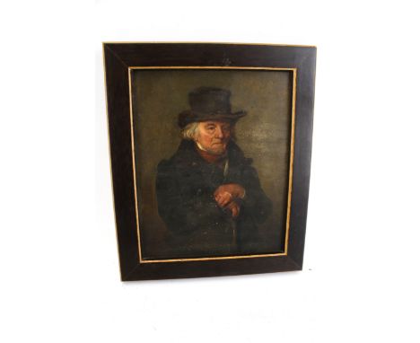 Indistinctly initialled XIX English School, oil on mahogany panel, portrait. Depicting a seated gentleman wearing a hat, init