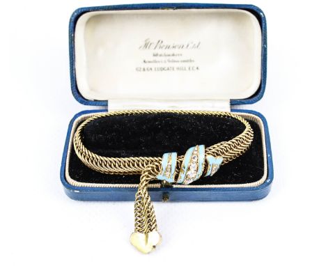 A mid-Victorian gold, turquoise-enamel and diamond scroll and trefoil motif mesh bracelet. The central scroll set with nine o