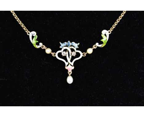 A late Victorian gold, polychrome enamel, diamond and seed-pearl openwork floral scroll necklace. The front designed as two e