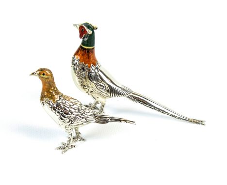 A pair of modern Italian silver and polychrome enamel models of a cock and a hen pheasant. Both modelled in a standing pose, 