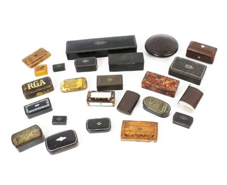 A 19th century tortoiseshell and mother of pearl mounted snuff box and a collection of snuff boxes. The first 6.5cm wide, the