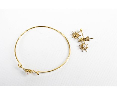 A pair of 9ct gold and small cultured-pearl pendent earrings and a bangle. The earrings each with a cultured-pearl 'star' sus