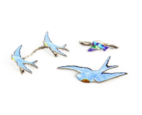 A silver and pale blue enamelled 'blue-bird' brooch and a matching cloak/shawl pin. The brooch approx. 55mm long wing-tip to 