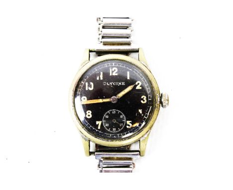 Glycine, a German WWII military wristwatch, No D 72819 H. The black dial with luminous skeleton Arabic numerals and hands and