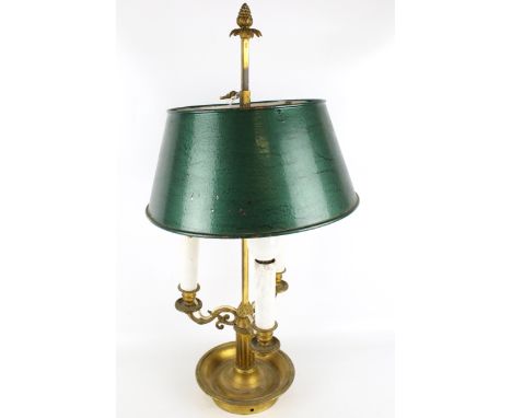 An early 20th century gilt metal bouillotte table lamp. With three avian neck branches and adjustable green shade, H60cm