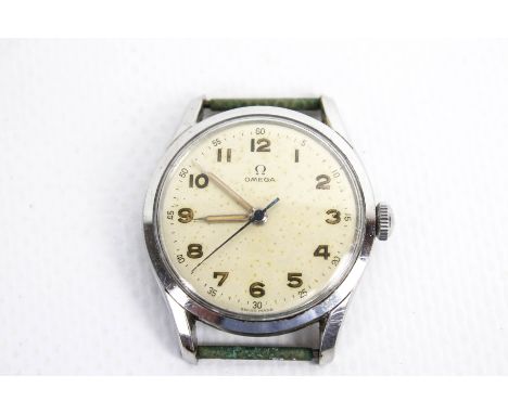 Omega, a gentleman's stainless steel round wristwatch, circa 1950. No 12802583, cream dial with luminous Arabic numerals and 