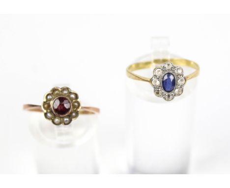Two early 20th century gold and gem rings rings. Comprising: a 1920s gold, oval blue-paste and near colourless paste shaped-o