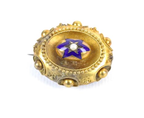 A Victorian gold, enamel and half-pearl oval locket-back brooch. Centred with a half-pearl and blue enamel star motif within 