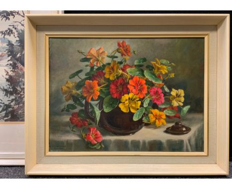 Constance M Cooper (1905-1988), Nasturtiums in a brown glazed teapot, signed, oil on canvas, 29cm x 40cm;  Albert Houghton, E