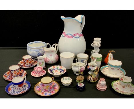 Decorative Ceramics - Royal Crown Derby bird, gold stopper, Royal Worcester Pear, Gaudy welsh ware, a pair of Booths coffee c