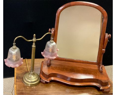 A Victorian mahogany dressing table mirror, arch-top mirror, serpentine shaped base, 62cm high x 57.5cm wide x 25.5cm deep;  