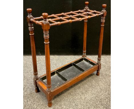 A Victorian mahogany stick stand / umbrella stand, turned supports, metal tray inset to base, 71cm high x  61cm wide x 23cm d