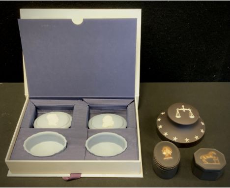 Wedgwood - a Society Collection black jasperware paperweight, star and scales,  Josiah Wedgwood oval trinket box and cover,  