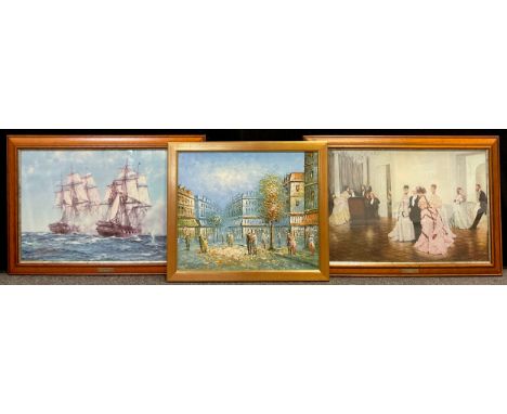 Caroline Burnett, Parisian Street Scene, oil on board, 51cm x 61cm;  Montague Dawson, after, The Fighting Ships, lithograph; 