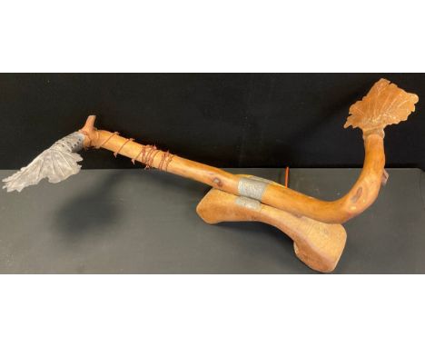 A rustic naturalistic wooden lamp, beech wood base, with pear wood arm, lead shades formed as sycamore leaves (interchangeabl
