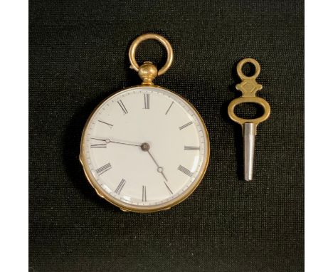 A 19th century 18ct gold cased open face pocket watch, 34mm diameter case, white enamel dial, Roman numerals, minute track, k