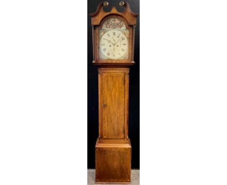 A 19th century mahogany Longcase clock, eight-day movement, the dial painted with heraldic crest, and figures representing th