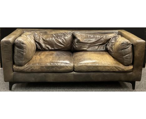 A modern, mid 20th century style, deep green/brown leather sofa, 71cm high x 185cm wide x 84cm deep. 