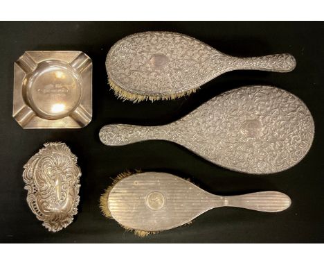 Silver - a silver trinket dish, Birmingham 1897, silver ashtray, Birmingham 1968;  silver backed brush, others white metal (5